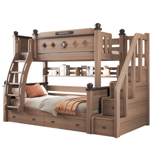 全实木上下铺双层床楸木高低床铺两层大人子母床中古风儿童上下床