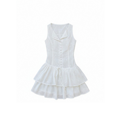 Joeyoo新款设计感双层荷叶边白色连衣裙女夏短款收腰衬衫裙蛋糕裙