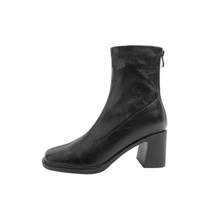 真皮~骄屿棕色短靴女2025秋冬新款弹力通勤瘦瘦靴法式高跟马丁靴