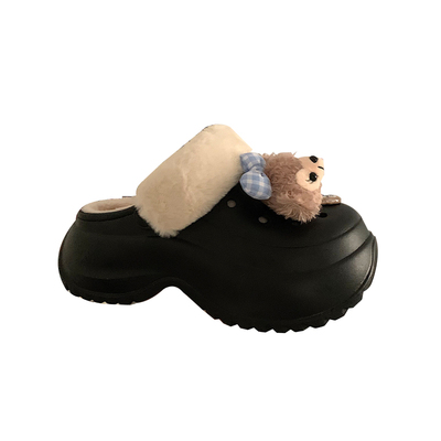 可爱小熊黑色加绒厚底洞洞鞋