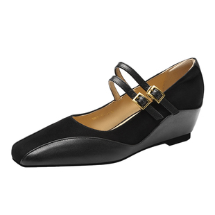 MILLIE'S/妙丽内增高浅口单鞋女2026春款方头双扣带高跟玛丽珍鞋P