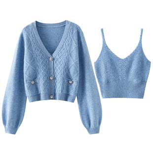 撩人无数~美！加厚100%纯山羊绒开衫女V领灯笼袖毛衣吊带背心套装