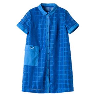 POLO领单排扣短袖中裙2026夏装新款女宽松透气衬衫气质连衣裙蓝色