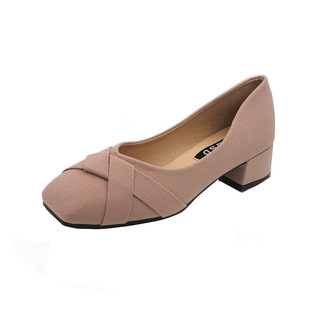 粗跟单鞋女2025春季新款职业鞋子女百搭黑色绒面方头浅口中跟女鞋