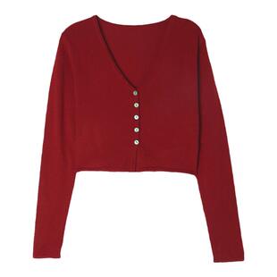 酒午法式复古春款长袖V领针织衫开衫慵懒感软糯短款针织衫上衣女