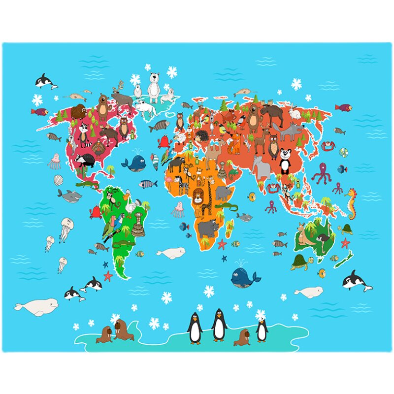 卡通动物地图房间宿舍免打孔挂毯