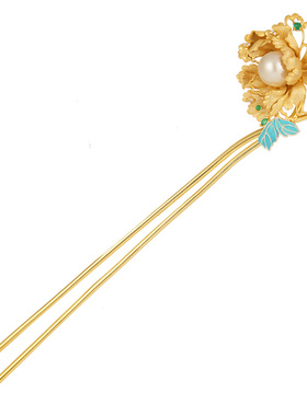 非遗花丝錾刻点翠牡丹珍珠银发簪