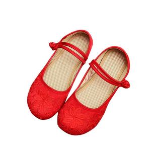 红色广场舞绣花鞋布鞋茶服素色增高古风鞋子软底民族风演出舞蹈鞋