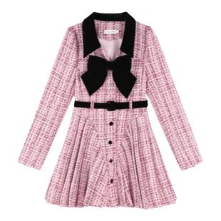 粉色小香风连衣裙女秋冬2023新款千金感小个子气质名媛甜美a字裙