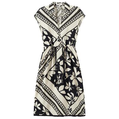 COMME MOI吕燕设计师款春夏季女装黑白印花抽褶流苏收腰连衣裙