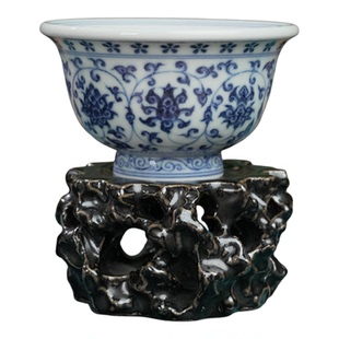 观复柴烧仿永乐手绘青花双狮缠枝莲纹压手杯茶杯主人杯景德镇古窑