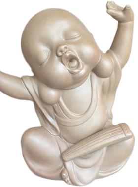 粗陶和尚弹琴小沙弥紫砂佛像