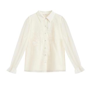 紫涵绣花喇叭袖衬衫女春秋季新款休闲百搭纯色小个子宽松显瘦上衣