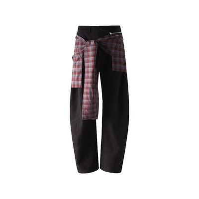 ourhour浆果红格裙帘弯刀西裤