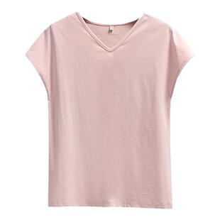 带棉垫V领连肩袖T恤女夏季免穿文胸宽松纯色防凸点家居服上衣