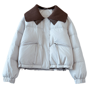 针织拼接撞色翻领短款杏色羽绒服女士2025冬季新款加厚面包服外套