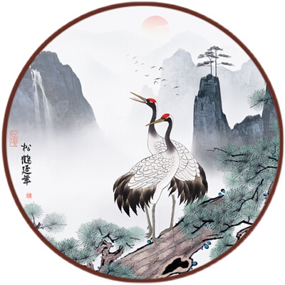 松鹤延年挂画中堂画圆形装饰画