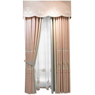 高档儿童房卡通马车绣花温馨可爱粉色女孩卧室公主风棉麻遮光窗帘