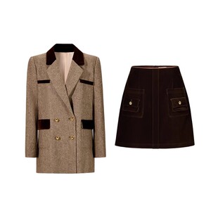 CHICHY法式小香风外套丝绒半裙两件套女春季款咖色洋气套装短裙子