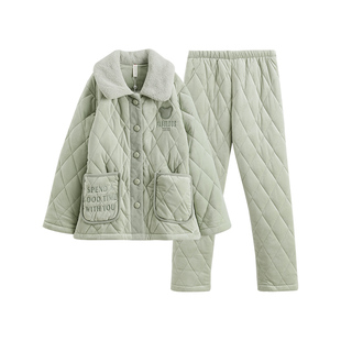 芬腾珊瑚绒睡衣女冬季套装三层加厚夹棉袄保暖加绒女款大码家居服