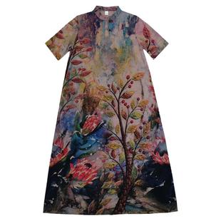 【采莲】素心连衣裙春夏民族风大码长裙天丝棉短袖立领中国风女装