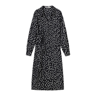 谷邦波点长袖连衣裙女2025秋季新款法式优雅收腰显瘦中长款裙子