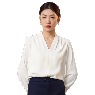 韩茗雅职业白色衬衫女长袖V领雪纺正装衬衣高级感西装内搭面试装