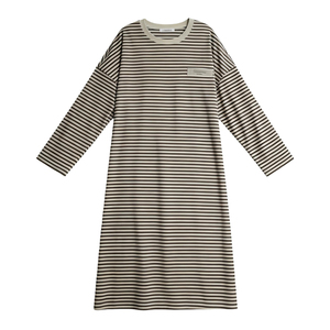 猫人带胸垫睡裙女春秋季纯棉条纹长袖高级感家居服睡衣裙子可外穿