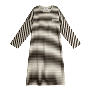 猫人带胸垫睡裙女春秋季纯棉条纹长袖高级感家居服睡衣裙子可外穿