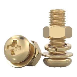 国标纯黄铜全铜 圆头十字螺丝平弹垫片螺母组合套装 盘头机牙螺钉