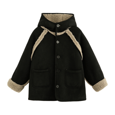 男童黑色连帽外套皮毛一体加厚