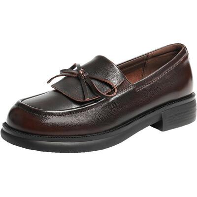 百丽复古一脚蹬乐福鞋新款黑色小皮鞋通勤真皮单鞋子E8L1DCA5