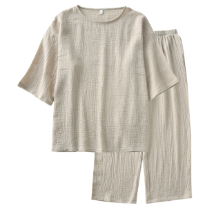 套头可外穿睡衣男女夏季纯棉双层纱布七分袖七分裤情侣家居服套装