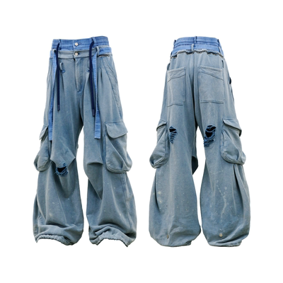 RELABEL（RE-MAKE）双腰泼墨洗水破坏cargo口袋廓形冰蓝卫裤