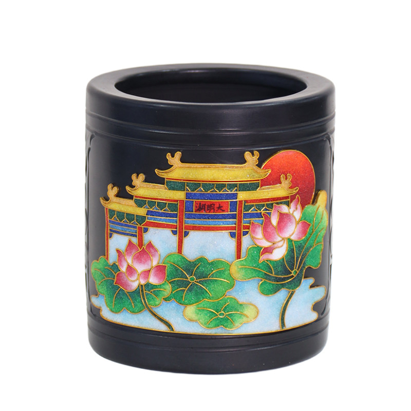济南龙山黑陶景泰蓝手工笔筒套装