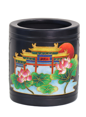 济南龙山黑陶景泰蓝手工笔筒套装