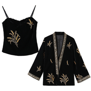 新中式秋冬钉珠刺绣丝绒开衫外套国风内搭珠绣吊带两件套女 N9065