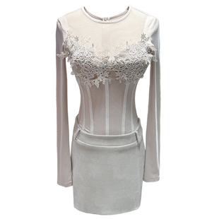 【线雕裙】手工蕾丝贴花鱼骨线拼接麂皮修身包臀假两件重工连衣裙