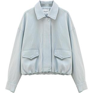 LAGOGO雾蓝格隅浅蓝色柔软PU皮衣女拉谷谷2026春新款舒适翻领外套