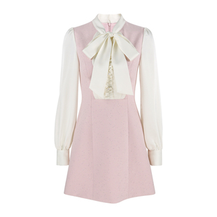 韩语琳 小香风粉白拼接连衣裙温柔名媛蝴蝶结收腰显瘦细闪A字短裙