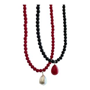 韩国小众ins红色水滴珍珠OT扣项链复古轻奢锁骨链气质氛围感颈链