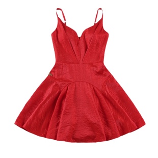 Le palais vintage 原创 喜庆大红色提花缎V领褶皱显瘦连衣裙