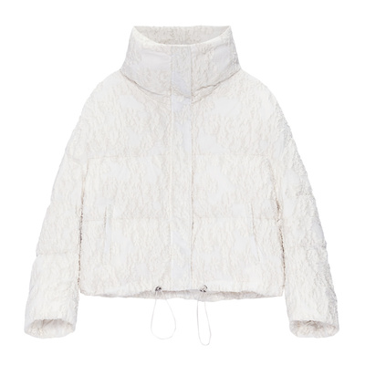 DKNY唐可娜儿秋冬女立领下摆可抽橡筋调节重工剪花肌理面料羽绒服