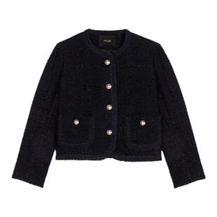 Maje春夏女装法式时尚闪亮粗花呢单排扣双口袋圆领短款长袖外套