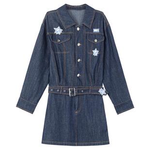 KEIKO 星星刺绣水洗牛仔衬衫式连衣裙春季酷飒系带假两件连身短裙