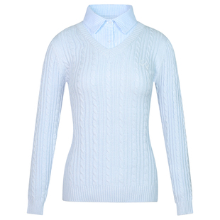 LK STORE LKOD2025条纹衬衣领LK字母毛衣v领假两件长袖针织女款