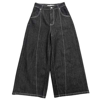 APRIORITY先验 黑色阔腿裤型天丝交叉后袋设计牛仔裤