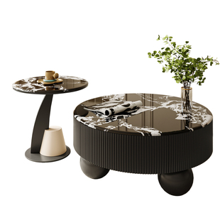 奶油风家用客厅圆形岩板茶几2025新款小户型高级感微晶石茶几组合