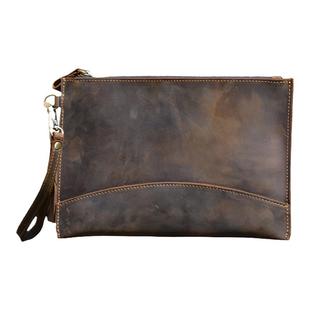 疯马皮复古信封包新款纯牛皮手拿包男士拉链手拎包真皮简约收纳包