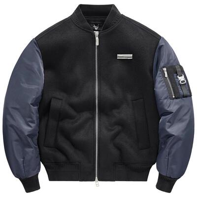 羊毛呢拼接飞行员夹克加厚外套